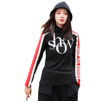 

QING MO Autumn Winter Women Slim T Shirt 2019 Women Thick Warm Top Letter Printed Shirt Female Striped T Shirt ZQY2572