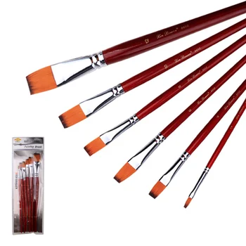 

6Pcs/lot Flat Head Watercolor Paint Brush Nylon Hair Red Wooden Handle Drawing Tool For Kids School Acrylic Painting Supplies