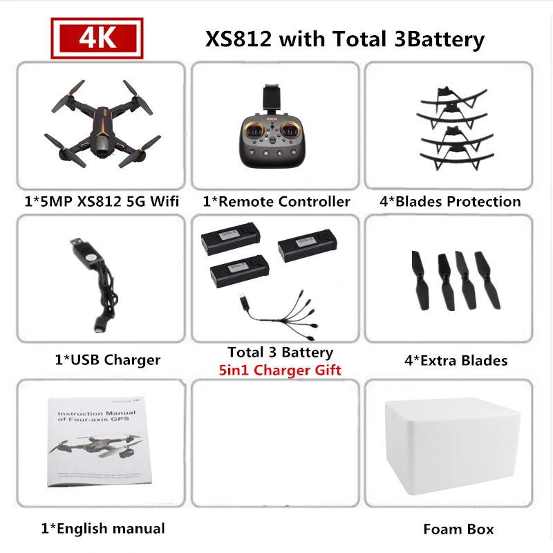 3 Foam Box 4K VISUO XS812 Радиоуправляемый Дрон 4K gps Дроны с 5G WiFI FPV камера Вертолет следим за мной складной Квадрокоптер VS F11 SG906 - Цвет: 3 Foam Box 4K