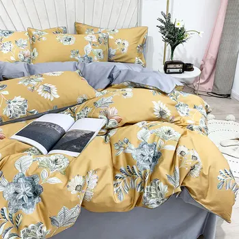 

European elegant yellow flower bedding set girl,full queen king 60 cotton double home textile bed sheet pillow case quilt cover