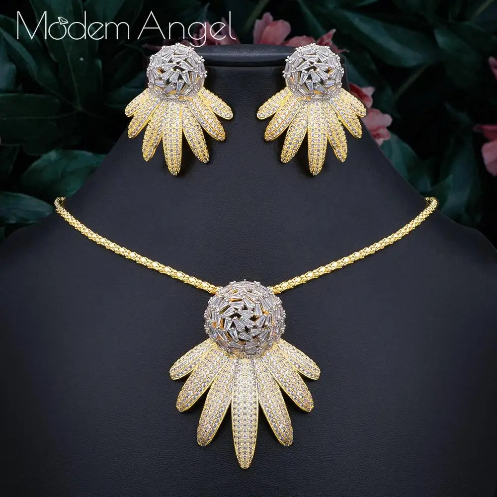 gold ModemAngel, модный Свадебный комплект из 2 предметов, ожерелье, серьги, наборы для женщин, аксессуары, полный кубический цирконий, серьги, ювелирные изделия - Окраска металла: gold
