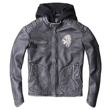 

Indian Embroidery Genuine Cowhide Leather Jacket Men Hooded Pleated Slim Real Leather Jacket for Male R3240