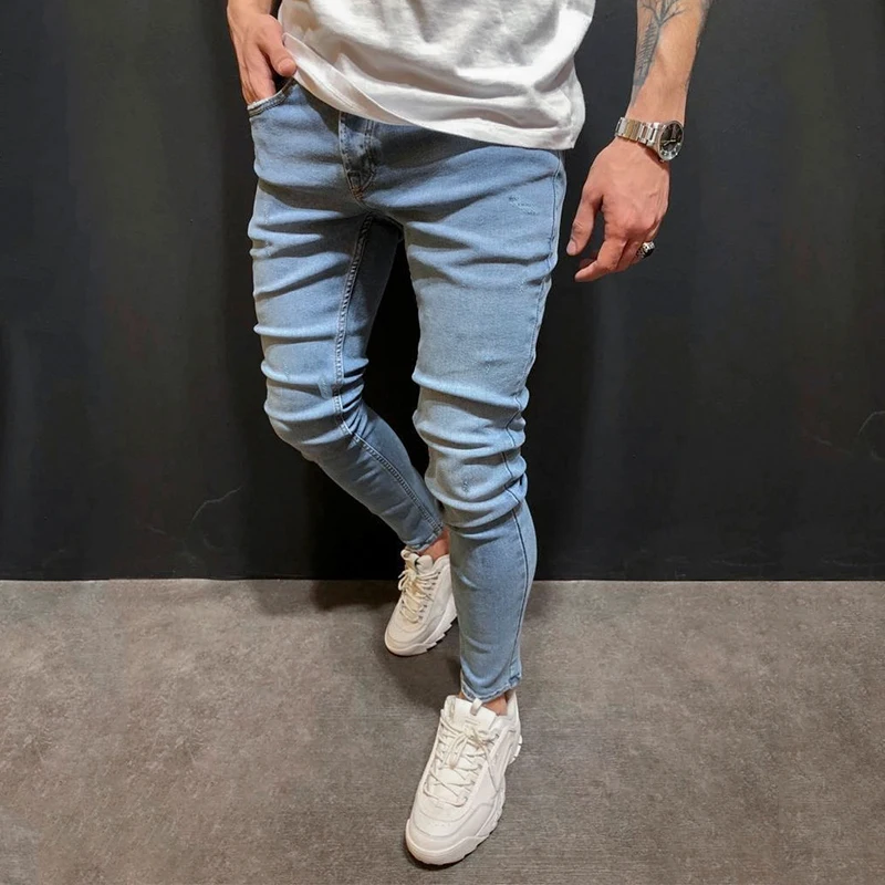 Men Pencil Pants 2019 Scratched Skinny Jeans Casual Slim Fit Stretch Denim Pants Elastic Waist High Quality Jean
