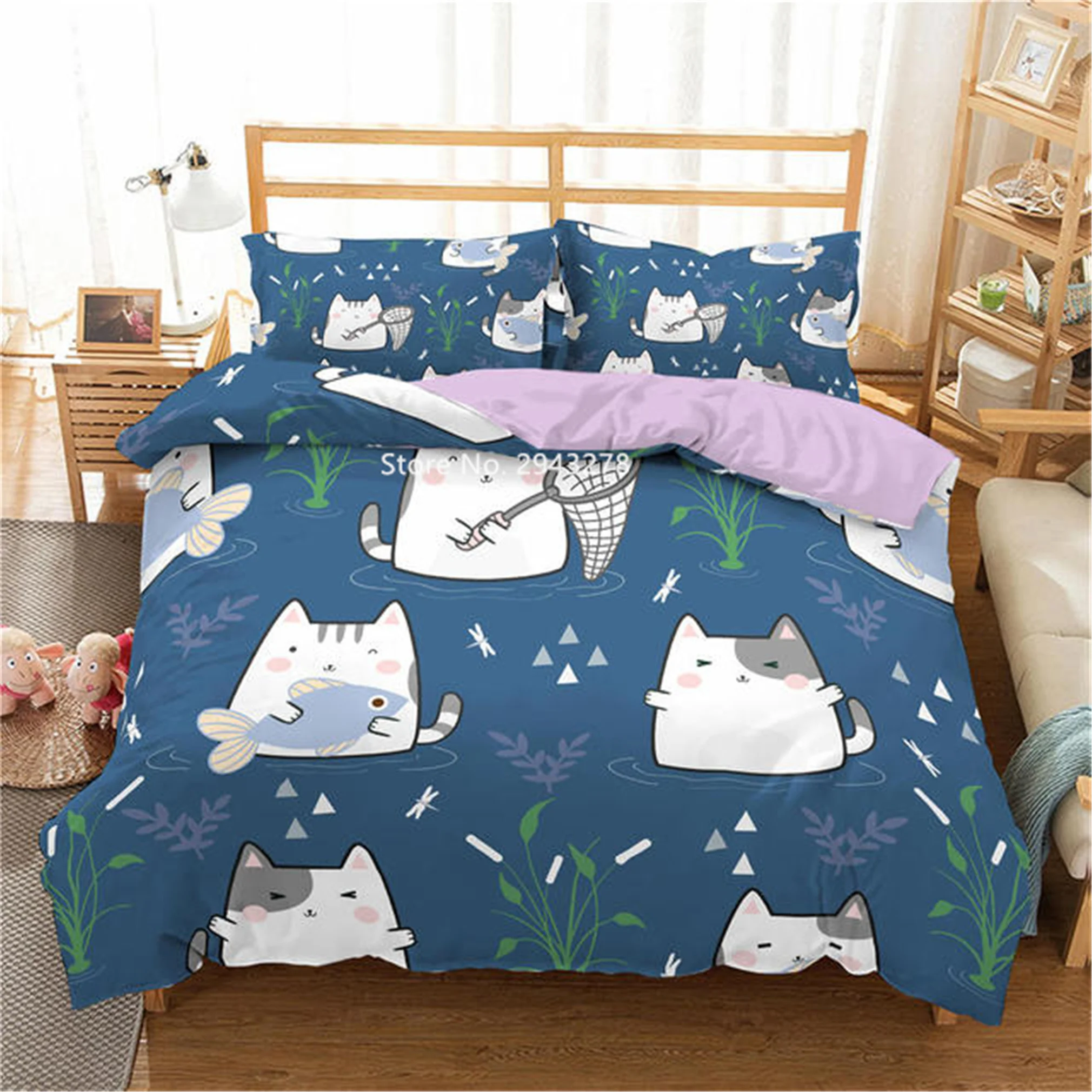 Home Textile Cartoon Cat Fish Love Series Printed Comfortable Duvet Cover Pillowcase Children Bedding Set Bedroom Decoration