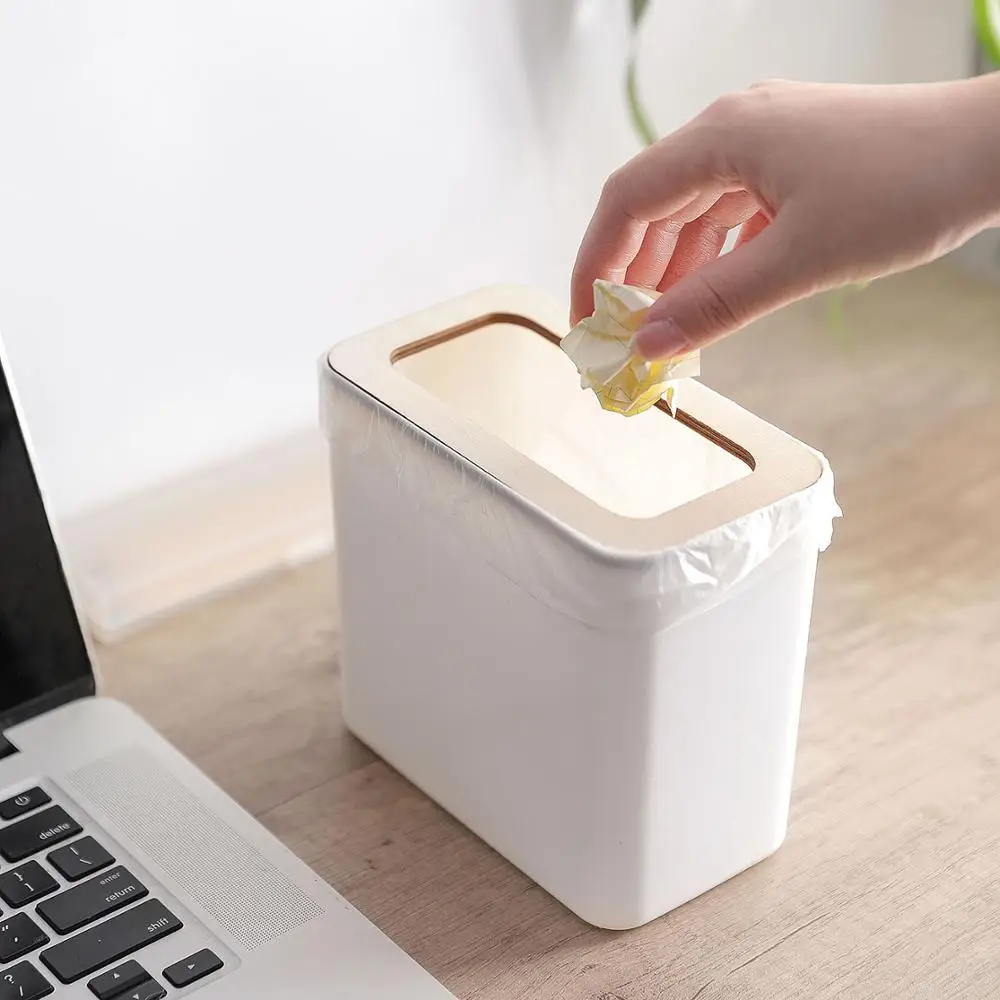

Home Small Trash Can Office Desk Mini Trash Bin PP Wood Tabletop Waste Bin Garbage Storage Bucket No Waste Cute Dustbin