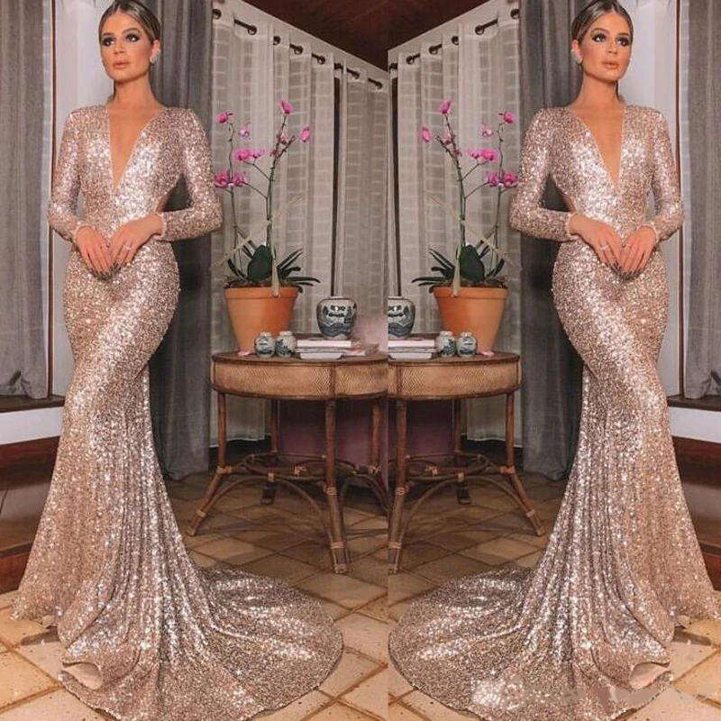 

2019 Luxury rose gold mermaid Prom Dresses deep V-Neck Evening Party Wear full sequined modest Cutaway Sides long sleeves Formal