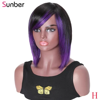 

Sunber Short Highlight Purple Bob Straight Machine Made Wig 150% density Remy Pixie Cut Peruvian Human Hair Wig
