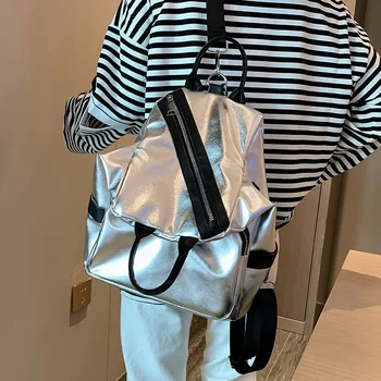 

2020 Women's bag Leather Backpack High Quality Fashion Silver Waterproof Backpack Female Leisure Trend Backbag Fashionable New