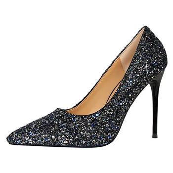 

Hot Sale New Arrival Autumn Women's Fashion Solid Sequined Cloth Party Shoes Sexy Pointed Toe High Heels 9cm Women Shoes K0054