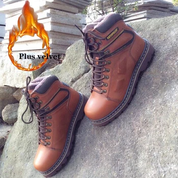 

Men's leather high-end hiking boots, outdoor casual high-top Martin boots, plus velvet warm and non-slip handmade tooling boots