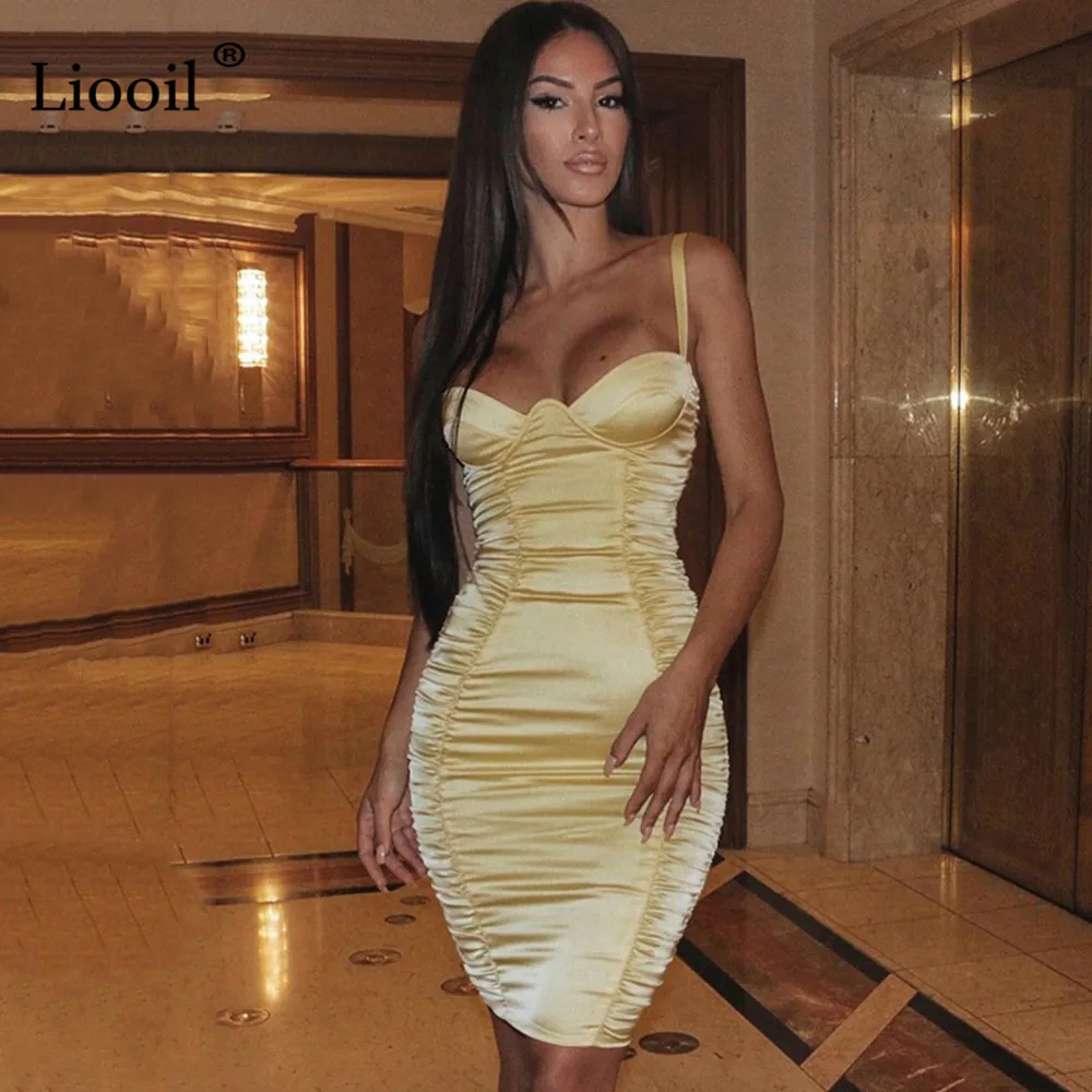 Liooil белый сексуальный Ruched Bodycon мини-платье без рукавов без бретелек эластичная бесшовная плотно прилегающая юбка платья женские вечерние ночной клуб