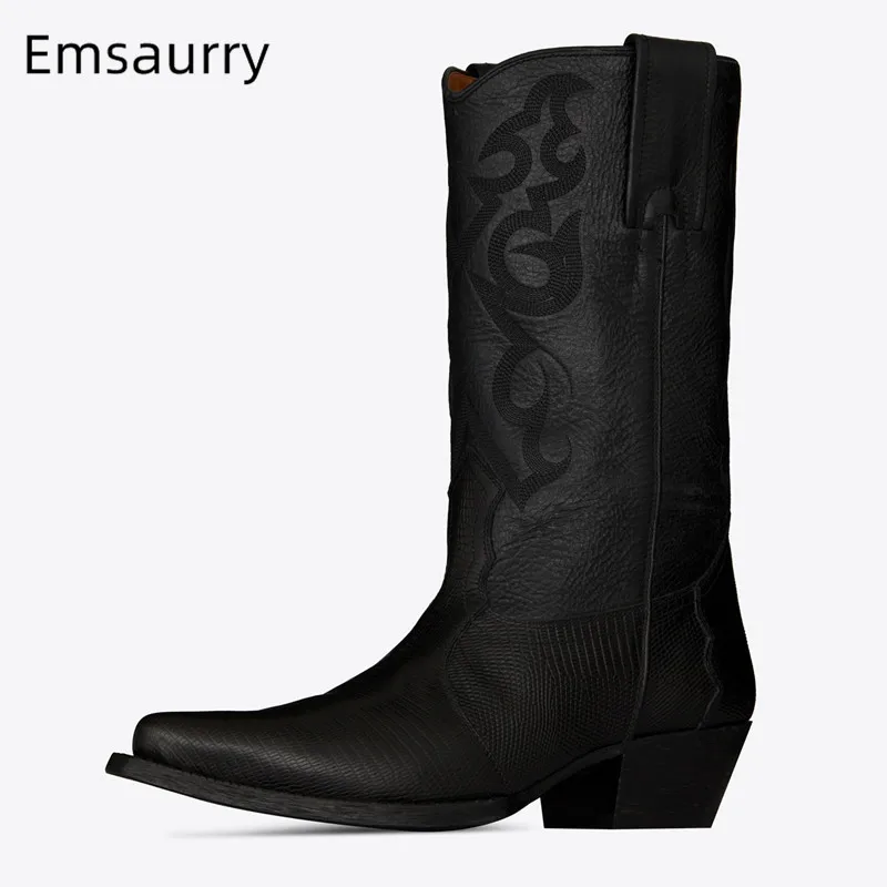 

Retro Embroidery Woman Boots Point Toe Chunky Heel Party Shoes Slim Mid Calf Botas 2020 Fall Winter New Coming Bottes Female