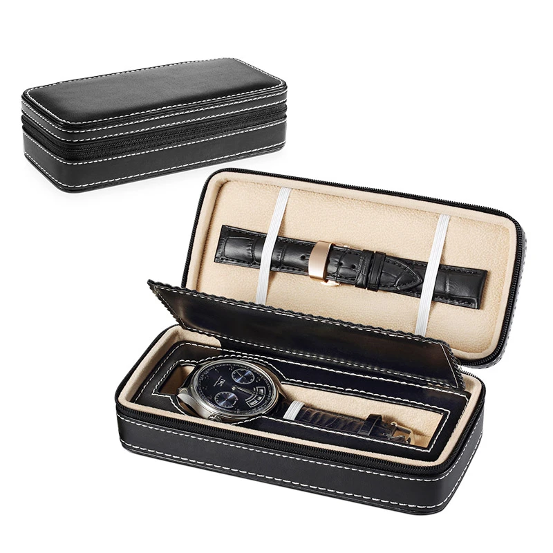 Caja de reloj con cremallera negra para hombre, estuches de almacenamiento de Relojes de Cuero, de soporte de exhibición, estuche de viaje para coleccionista de joyas y relojes|Cajas de relojes| -