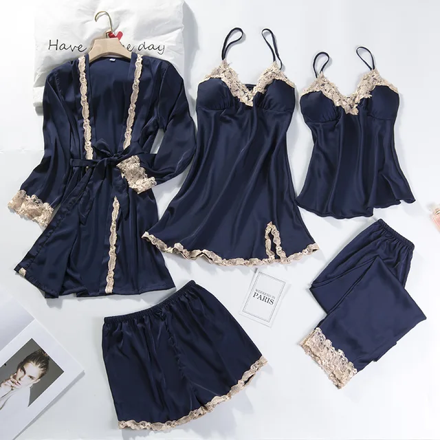 Lace Patchwork 5PCS Sleepwear Nightgown Kimono Bathrobe Gown Satin Lady Nighty&Robe Suit Sexy Home Clothes White Wedding Robe 6