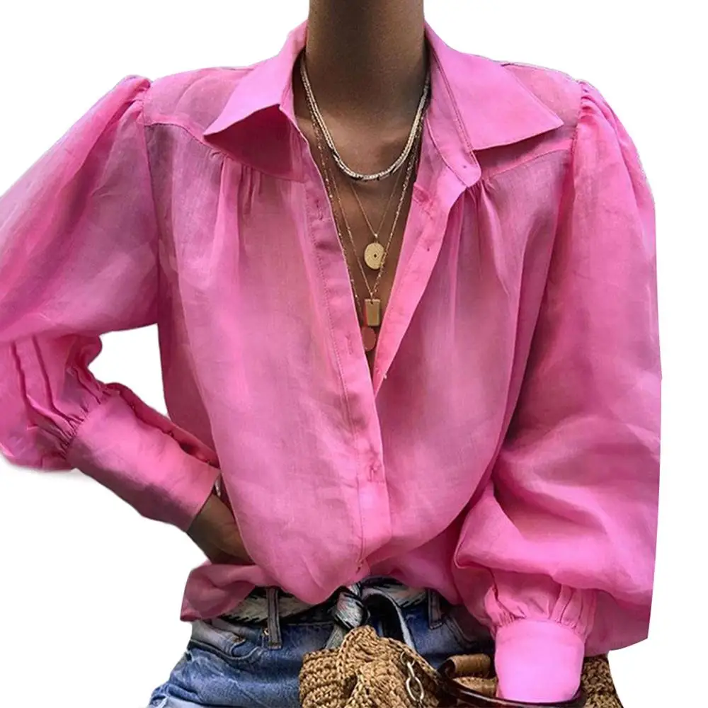Fashion Office Lady Solid Color Turn Down Collar V Neck Long Sleeve Shirt Blouse - Цвет: Rose Red