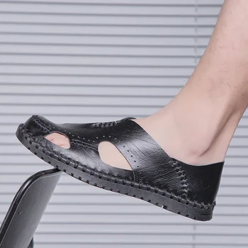 

Fashion Men flats sandals Leather handmade Classic Roman Outdoor Beach Slipper shoes men Casual non-slip Sandals plus size 38-48
