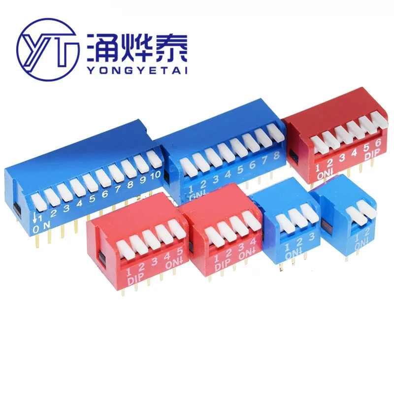 YYT 5PCS Piano type 2.54MM DIP switch DP 1P/2P/3P/4P/6P/7P/8P/10P/12P bit 2.54mm DIP switch red/blue right angle side position