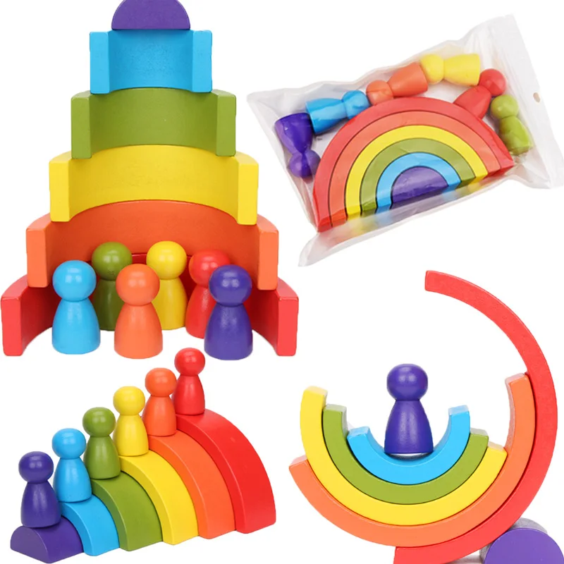 Building Blocks Montessori Educational Toy Wooden Rainbow Stacker Nesting Puzzle 