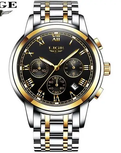 LIGE, новинка, часы для мужчин, люксовый бренд, хронограф, мужские спортивные часы, водонепроницаемые, все стали, кварцевые, мужские часы, Relogio Masculino+ коробка - Цвет: Gold black
