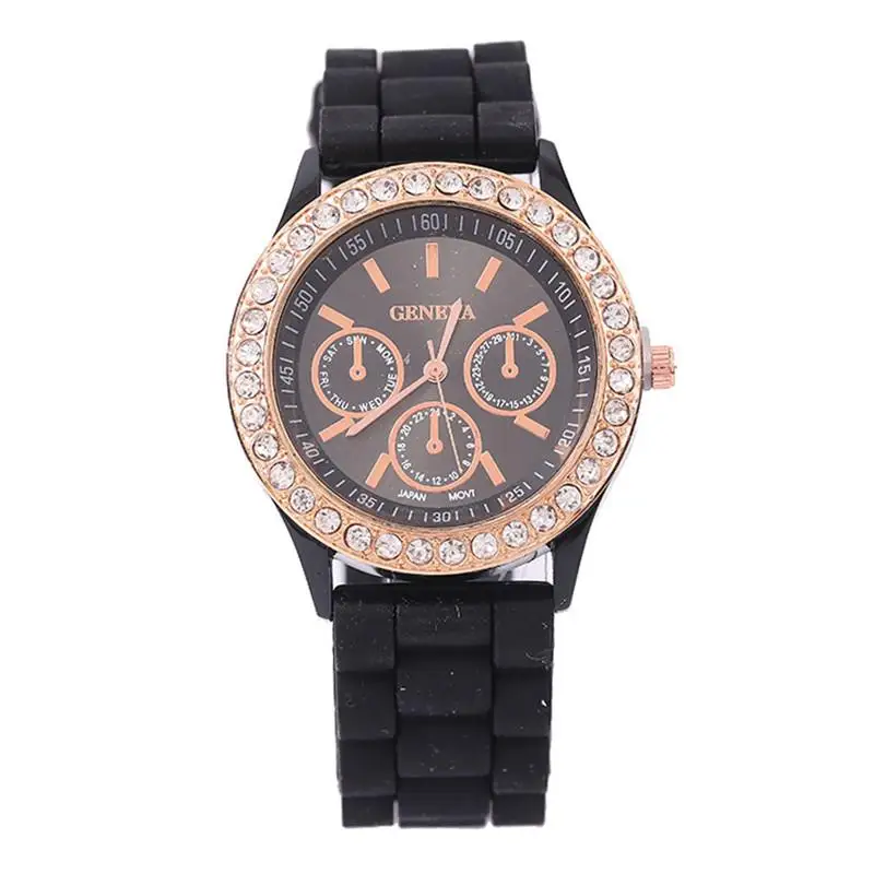 

Geneva Rhinestone Silicone Band Black Women Quartz Watch Fashion Casual Simple Ladies Clock Gift For Women relógio feminino