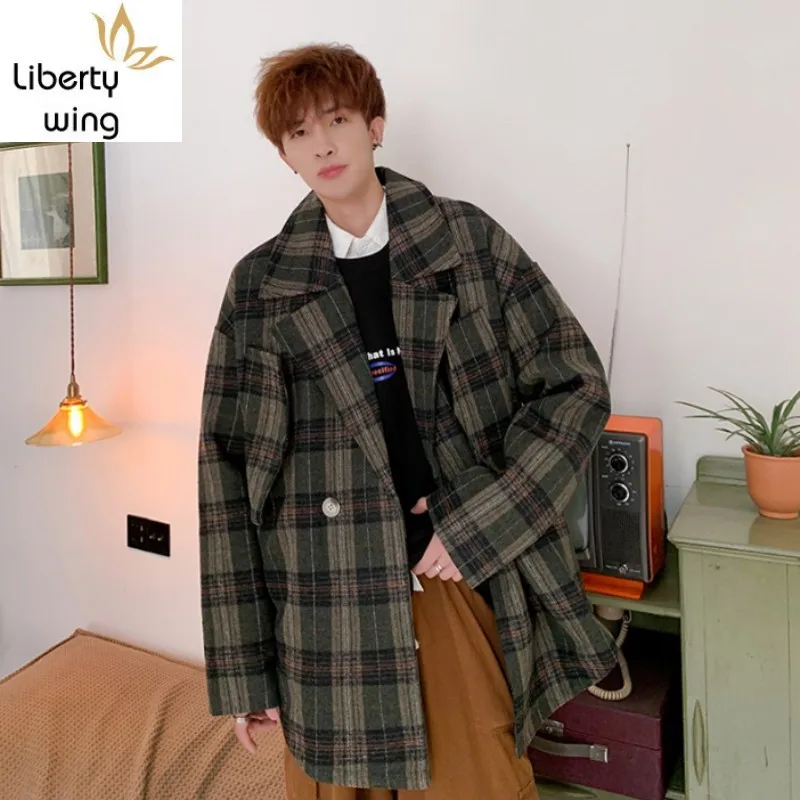 

New Fashion Mens Loose Fit Blends Jacket Plaid Double Breasted Casual Suit Coat Autumn Preppy Style Woolen Outwear Coats