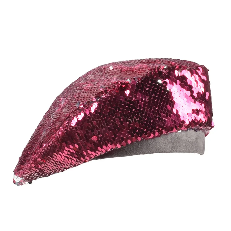 rose red Women Sequins Hat Shiny Costume Jazz Glitter Dance Beret Flat Cap Ladies Fashion Accessories Beanie - Цвет: rose red