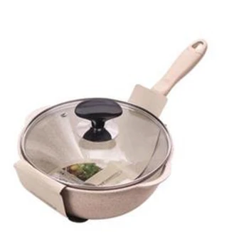 

Thickened Bottom Stone Frying Pan Multifunction Non-Stick Pans Deep Nougat Pot Wok Pan with Glass Cover 24cm