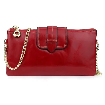 

2020 New Fashion Red Clutch Women Purse Wax Material Genuine Cow Leather Ladies Wallets With Phone Case Coin Chain Pocket