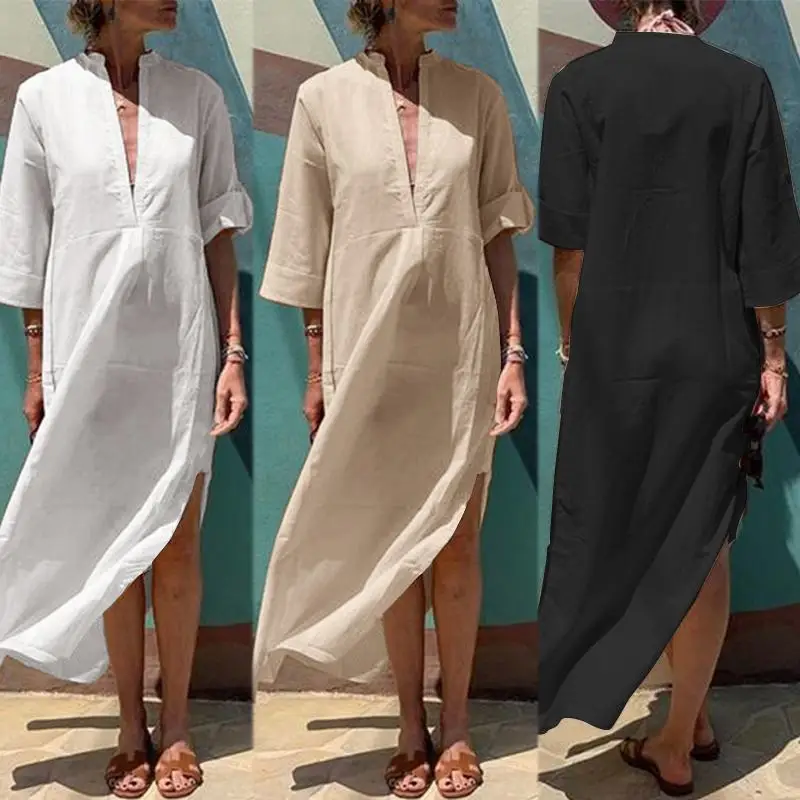 Летнее хлопковое макси Vestidos ZANZEA, женское длинное платье-рубашка, сексуальное, однотонное, v-образный вырез, 3/4 рукав, вечерние, Раздельный сарафан, женский халат
