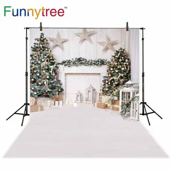 

Funnytree Christmas Photography Backdrop Home Distant View Decor New Year Tree Baby Family Background Wooden Floor Photo Studio