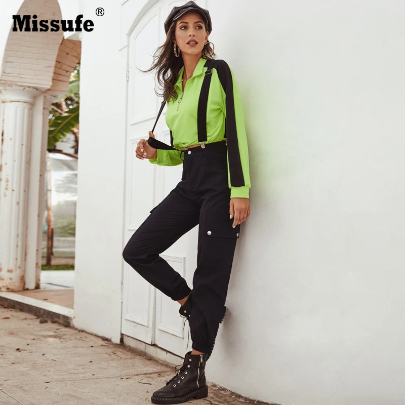 

Missufe Women Streetwear Long Pants Button Pockets High Waist Straight Pants Lady Slim Hips Shoulder Straps Overalls Trousers