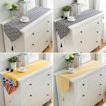 

Japan Style Waves Table Runner Plaid Stripe Table Cover Black White Printed Table Decoration Geometric Jacquard Table Protection