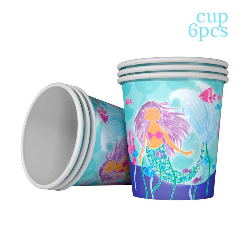 6pcs cups Девичьи вечерние платья Русалочки с хвостом русалки, воздушные шары Русалочки на день рождения, пригласительные открытки, детские украшения для вечеринок на день рождения - Цвет: 6pcs cups