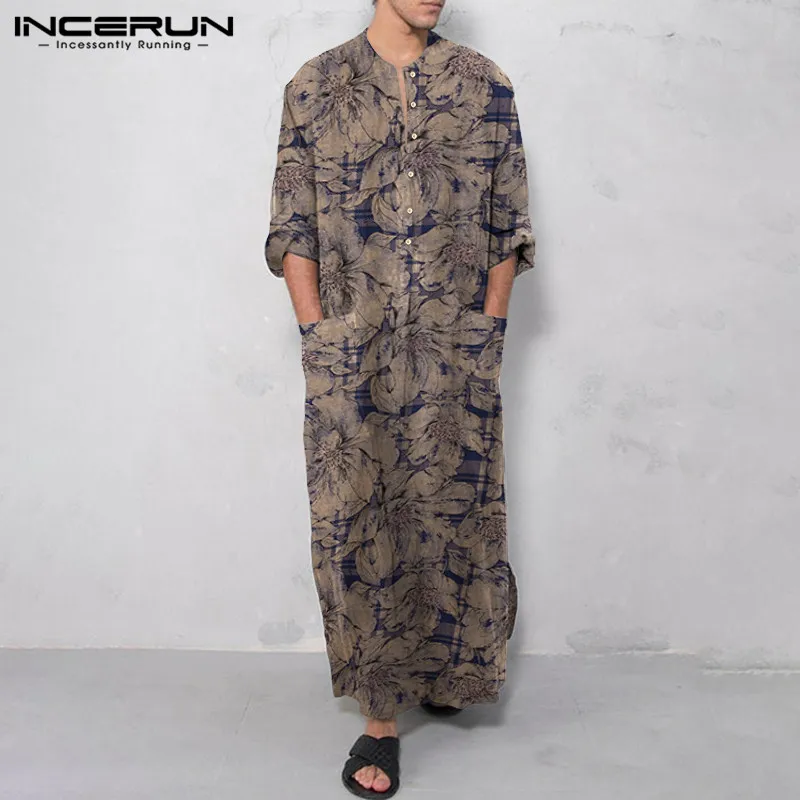

INCERUN Mens Cotton Abaya Robes Mens Muslim Kaftan Long Robes Long Sleeve Printed Jubba Thobe Casual Islamic Arabic Plus Size 7