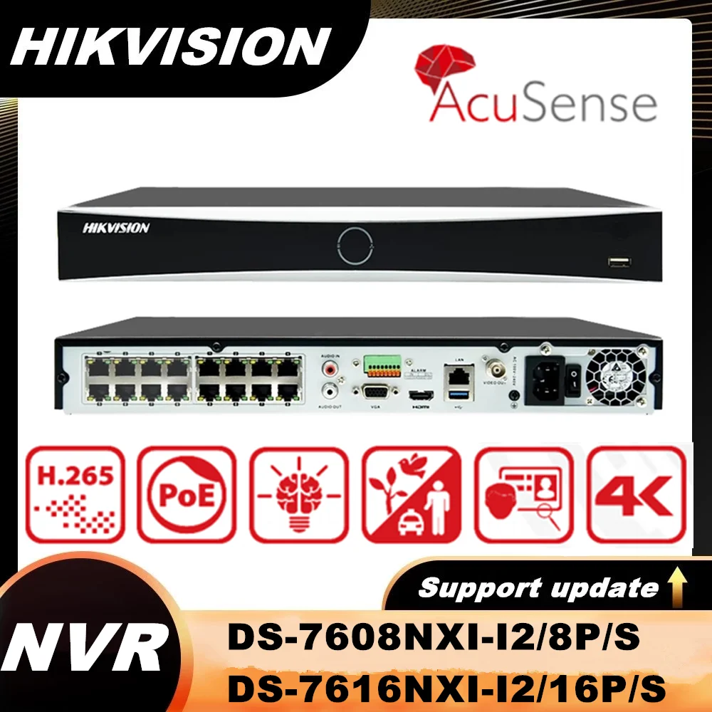 Hikvision 4K POE NVR AcuSense 1U 8POE DS-7608NXI-I2/8 P/S 16POE DS-7616NXI-I2/16 для IP-камеры видеорегистратор