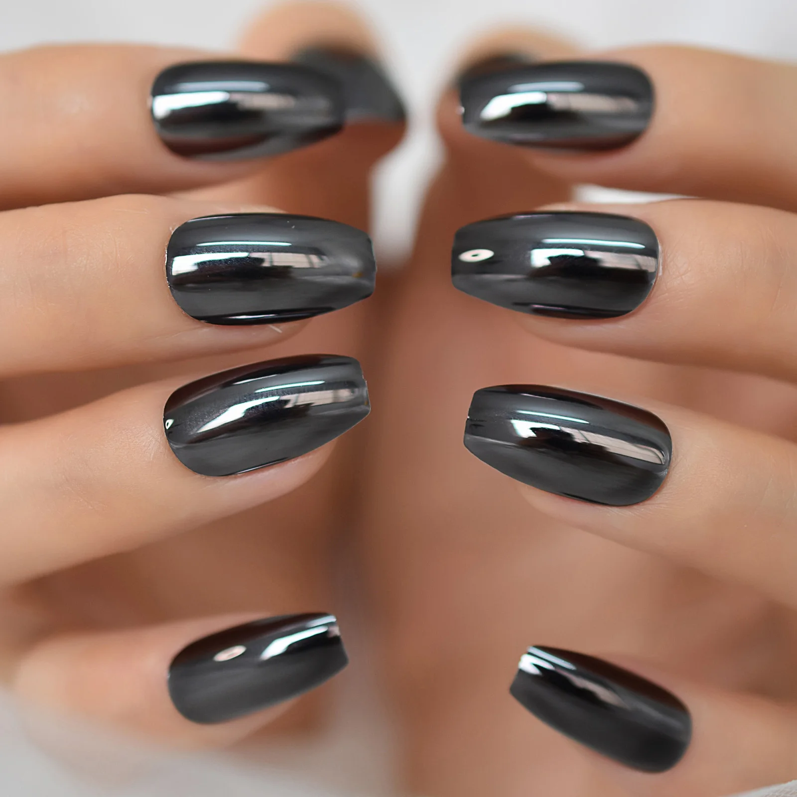 Metallic Shiny Mirror Fake Nails Press On Coffin Ballerina Nail Art Medium Length Acrylic Gel Tips | Красота и здоровье