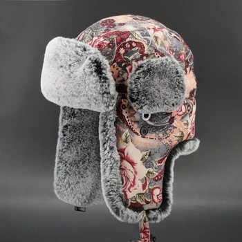 

Winter Bomber Hat For Women Floral Wool Fur Russian Ushanka Bohemian Trapper Hats Warm Thick Earflap Cap