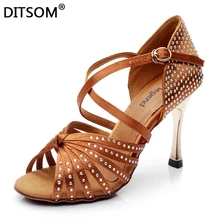 Сатиновые стразы на высоком каблуке 8,5 см; обувь для латинских танцев; женская обувь для бальных танцев; сандалии для девочек; Zapatos De Baile Latino; Цвет черный, коричневый