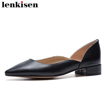 

Lenkisen new handmade dress mature nature leather pointed toe slip on low square heel cozy office lady daily ware pumps L7f1