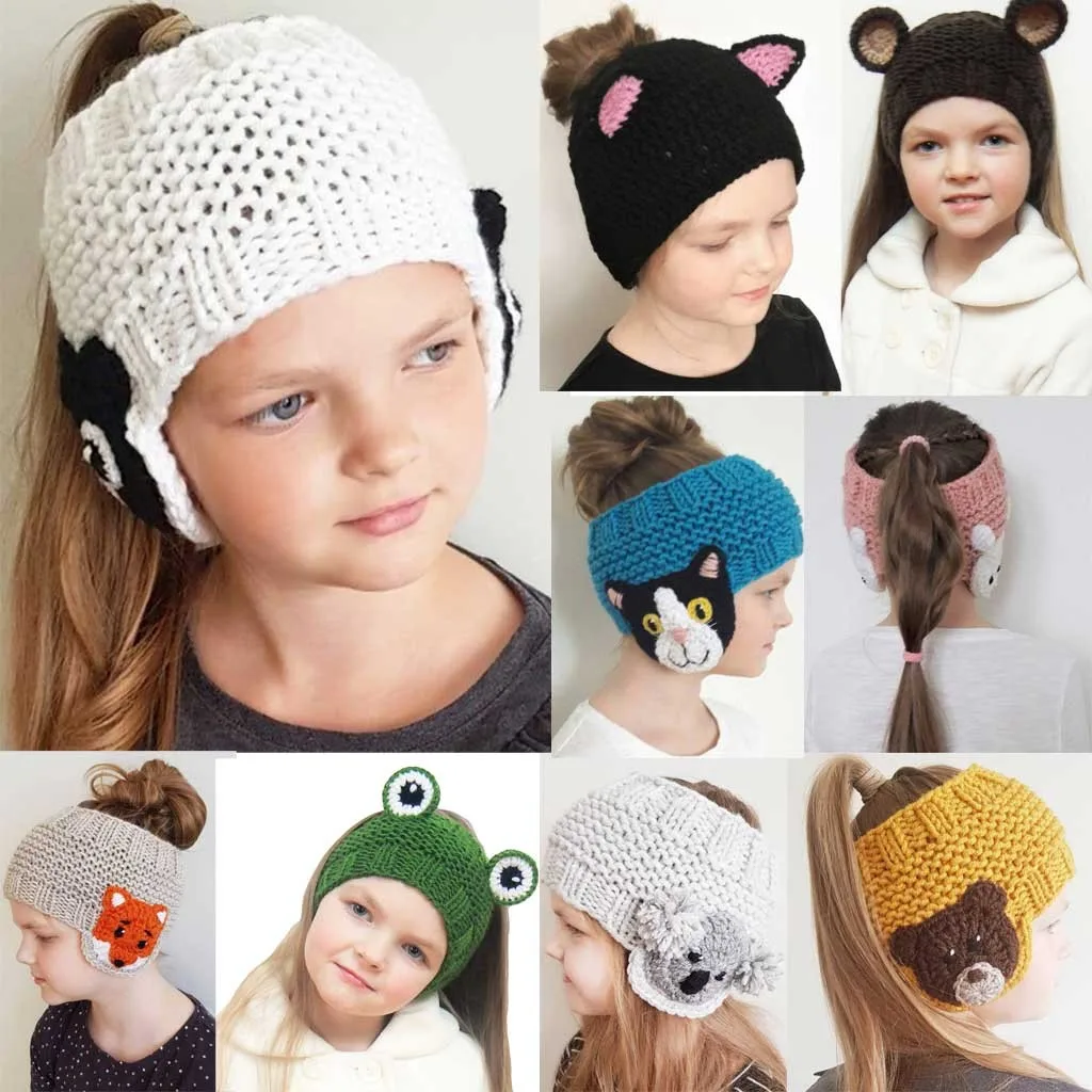 

#40/ Child Wool Caps Knitted Ear Protection Baby Girls Hooded Caps Fashion cute cap winter Child Hooded hats