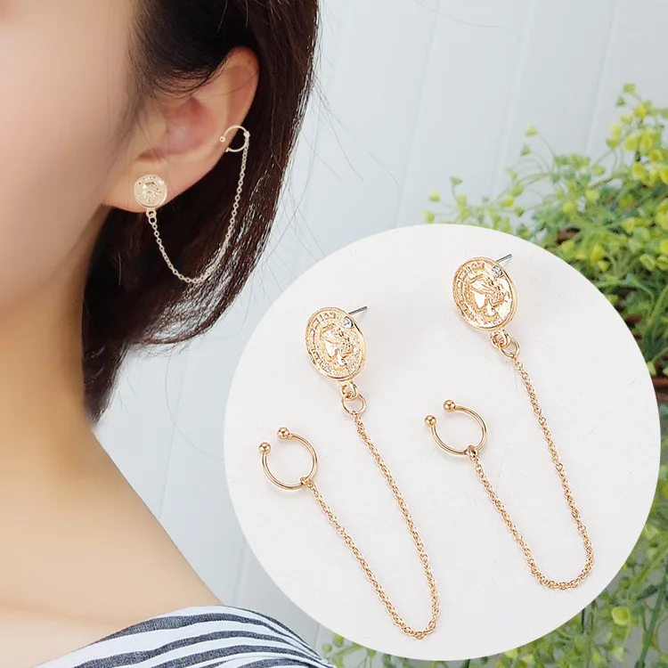 

European And American French Personality Cold Wind Small Gold Coin Exaggerated Retro Cold Wind Earrings Ear Bone Clip