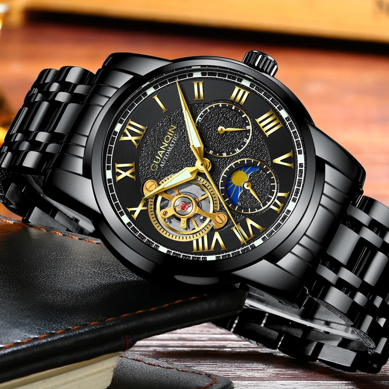 GUANQIN механические наручные часы для мужчин Automatic Tourbillon Роскошные Брендовые мужские часы-Скелетон полностью стальные часы бизнес класса Relogio