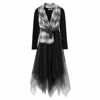 

Women Two Piece Sets Korean New Autumn Winter 2 Pcs Suit Long-sleeved Dress Plaid Gauze Vest Dress Office Elegant Matching Sets