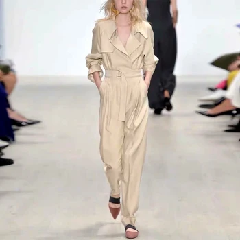 

KHALEE YOSE Khaki Elegant Jumpsuits Autumn 2019 Long Sleeve Belted Jumpsuit Women Twill Romber Pocket Runway Jumpsuit Overall