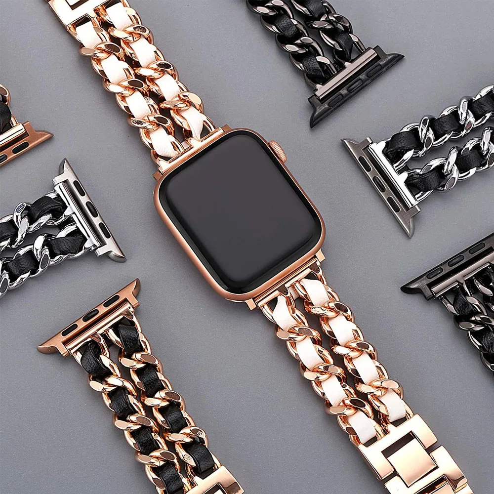 Elegant Leather Chain Metal Watchband