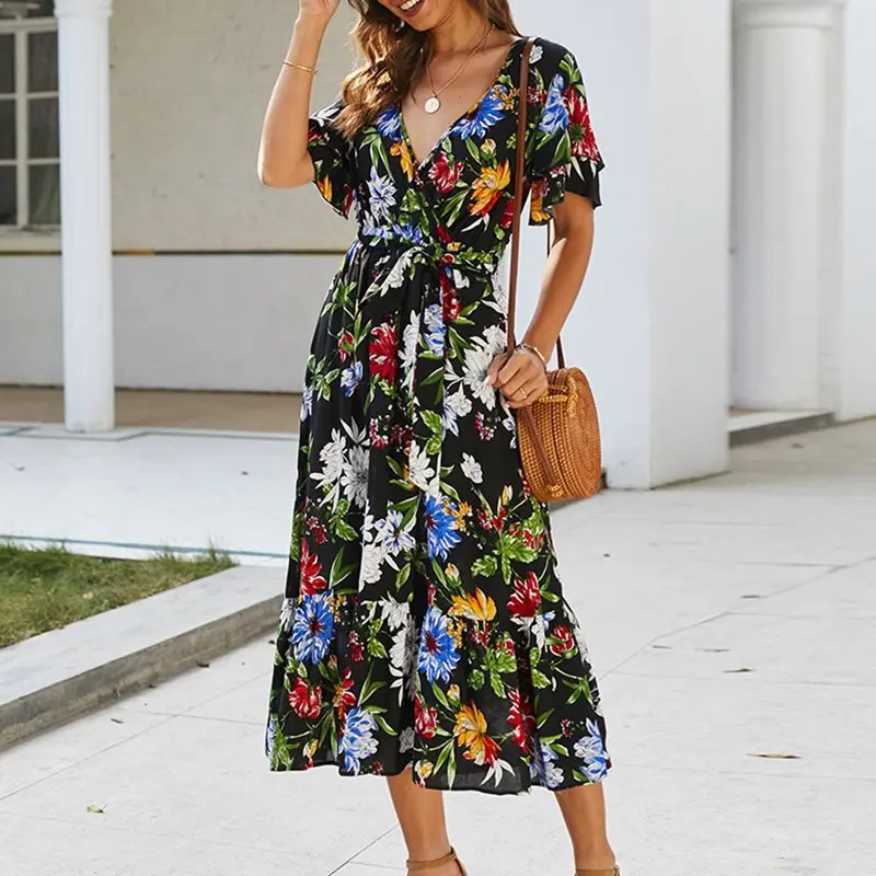 Picking a Rose [Kardus/invite] Boho-Floral-Print-Summer-Dress-Women-Elegant-Sexy-V-Neck-2020-Sundress-Black-Yellow-Midi-Beach