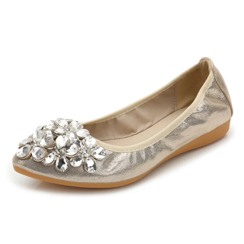 Women Flats Shoes Slip-On Ballet Big Size 34-43 Female Comfortable Bling Crystal Black Gold Silver Pointed Toe
