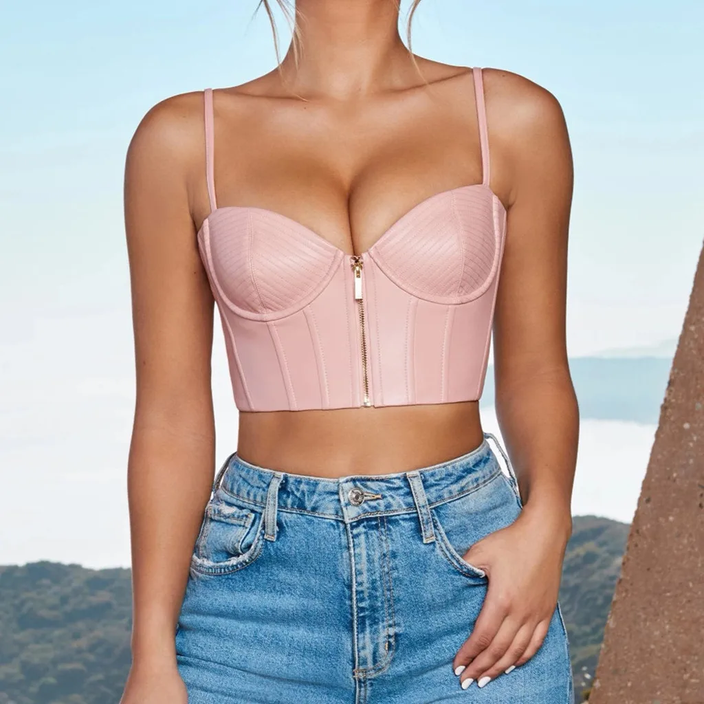С низким вырезом на спине, на молнии из искусственной кожи Bralette Для женщин кроп Топ Пуш-Ап Топ укороченный, женственный плотный лифчик Корсеты короткие на бретелях# PYS