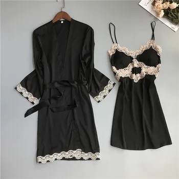 

Women Bride Bridesmaid Wedding Robe Satin 2PCS Nighty&Robe Suit Silky Sleepwear Lace Nightdress Sexy Nightgown Kimono Gown