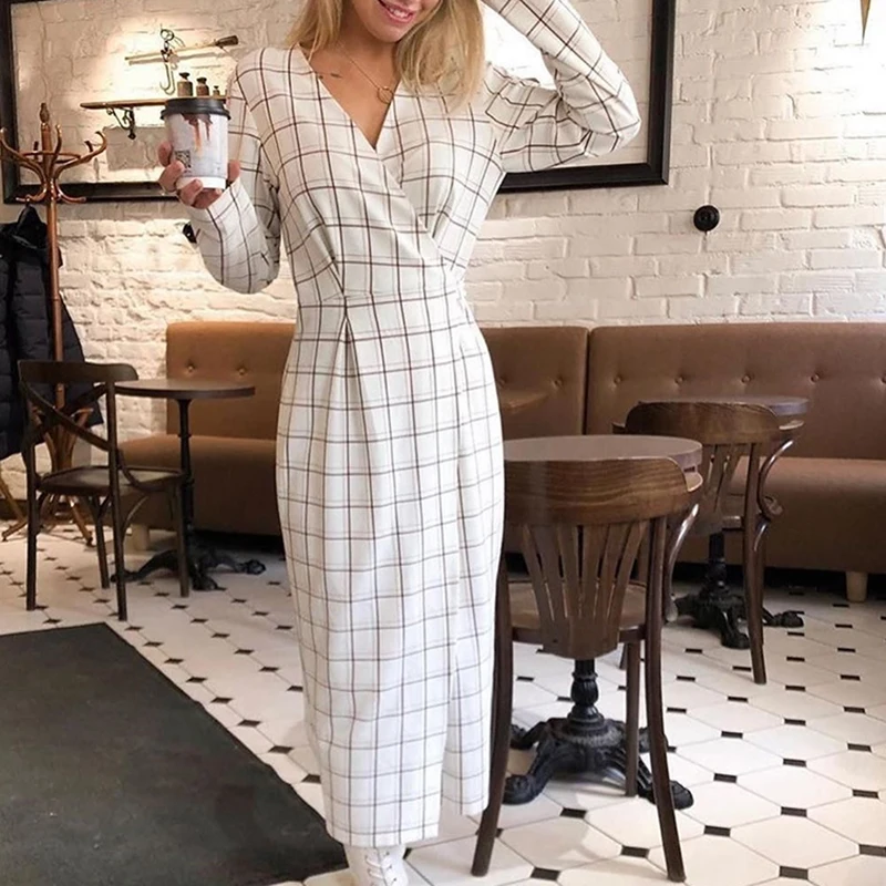 Cena Brytyjska grafika elegancka kratka sprawdzona sukienka Vinatge Office Lady Slim z długim rękawem sukienka do kolan kobiety siatka drukuj szata LX137